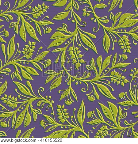 Floral Seamless Pattern With Leaves And Berries In Chartreuse Green And Violet Colors. Hand Drawn An