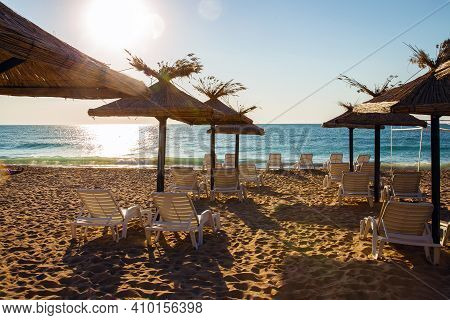 Amazing  View On Umbrellas And Beach  Chairs  On Sunny Beach - Idyllic Summer On Black Sea!