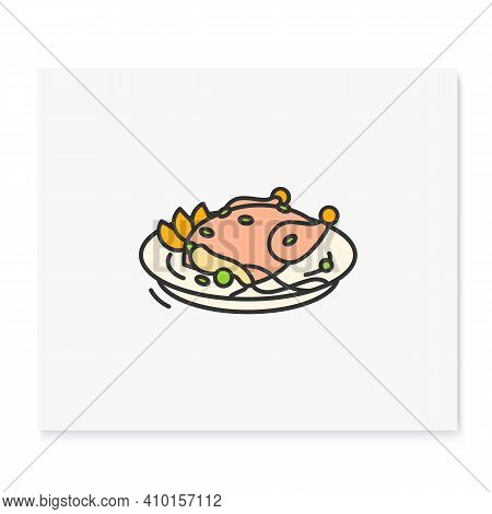 Samgyetang Color Icon. Traditional Korean Dish. Asian Food Of Ginseng Chicken Soup With Rice And Gar