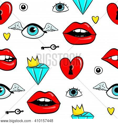 Fashion Patch Badges With Lips, Seyes, Diamonds And Other Elements Seamless Pattern. Vector Backgrou