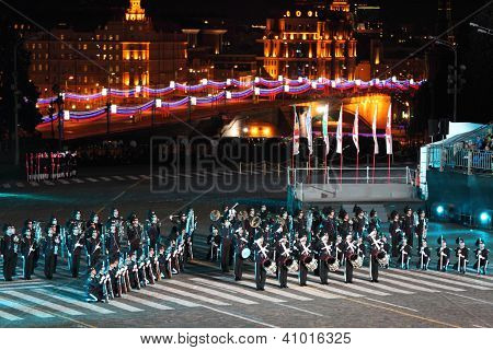 MOSCOW - SEPTEMBER 4: Orchestra of Royal Guard of His Majesty and ceremonial platoon Norway performs at Military Music Festival Spasskaya Tower on September 4, 2011 in Moscow, Russia.