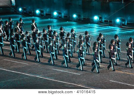 MOSCOW - SEPTEMBER 4: Orchestra of the Royal Guard of His Majesty and ceremonial platoon Norway at Military Music Festival Spasskaya Tower on September 4, 2011 in Moscow, Russia.