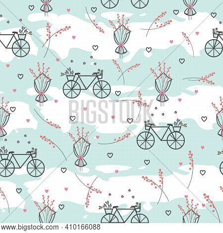 Bicycles And Pink Flower Stems And Bouquet Seamless Repeating Pattern With Sky Blue And White Abstra