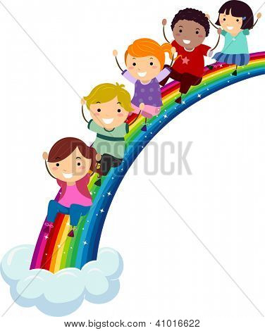 Illustrazione di bambini di diverse etnie, scivolando giù per un arcobaleno