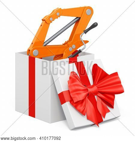 Car Jack Inside Gift Box, Present Concept. 3d Rendering Isolated On White Background