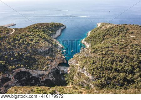 Aerial Drone Shot Of Stiniva Cove Beach Of Adriatic Sea On Vis Island In Croatia Summer