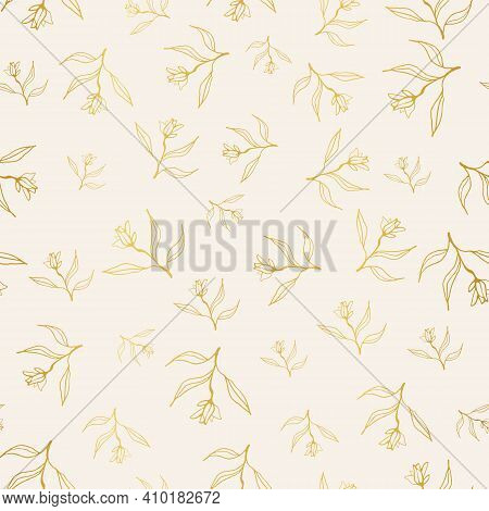 Golden Floral Sketches Seamless Vector Pattern. Elegant Surface Print Design For Fabrics, Stationery