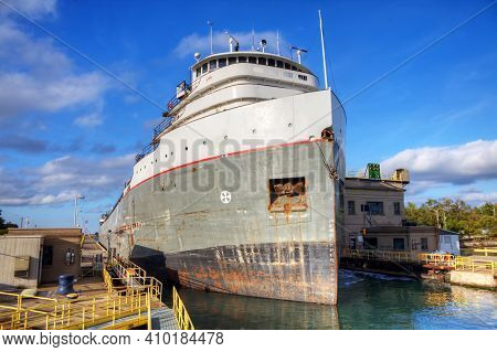 A Lake Freighter Moving Through The Welland Canal In Canada