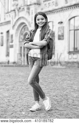 Effortlessly Stylish Look. Happy Kid Go To School. Back To School Fashion. Fashion Look Of Small Chi