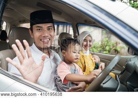 Muslim Family Travel By Car During Eid Mubarak Celebration