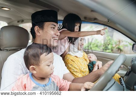 Muslim Family Travel By Car During Eid Mubarak Celebration