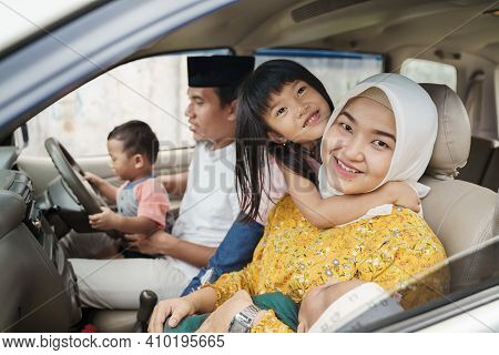 Muslim Family Travel By Car During Eid Mubarak Celebration