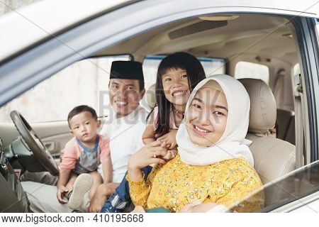 Muslim Family Travel By Car During Eid Mubarak Celebration