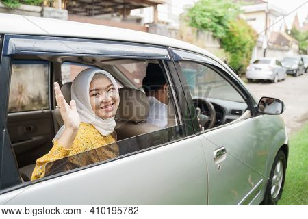 Muslim Family Travel By Car During Eid Mubarak Celebration