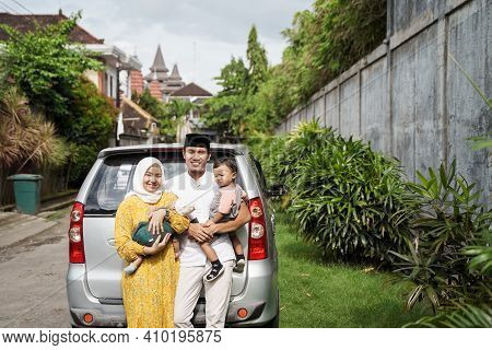 Muslim Family Travel By Car During Eid Mubarak Celebration