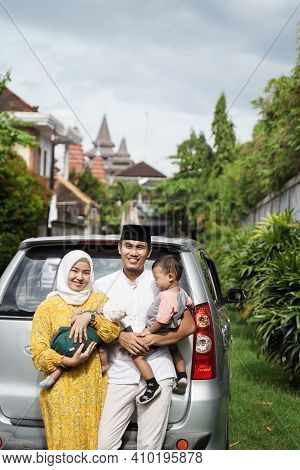 Muslim Family Travel By Car During Eid Mubarak Celebration