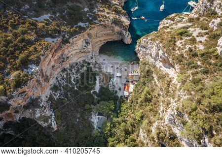 Aerial Drone Shot Of Stiniva Cove Beach Of Adriatic Sea On Vis Island In Croatia Summer