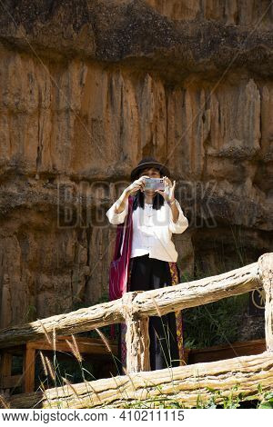 Travelers Thai Women People Travel Visit And Take Photo At Pha Chor Canyon Cliffs And Trekking On Na