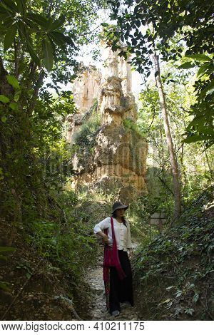 Travelers Thai Women People Walking Travel Visit Pha Chor Canyon Cliffs And Trekking Hiking On Natur