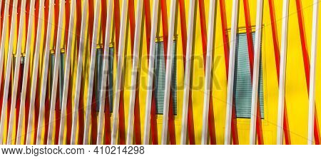 Groningen, Netherlands - February 13, 2021: Panorama Of The Red And Yellow Facade Of The University 