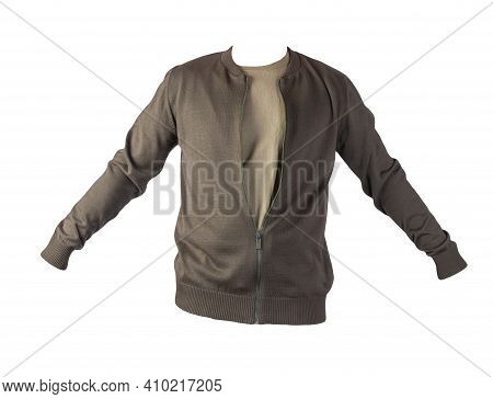 Mens Dark Gren Knitten Bomber Jacket And Beige T-shirt Isolated On A White Background. Fashionable C
