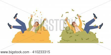 Businessman Lie On Heap Of Money Isolated Flat Cartoon Characters Bathing In Gold And Bills. Vector 