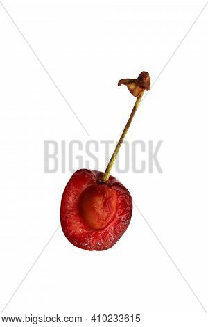 Fresh Isolated Cherries Half. Sweet Red Healthy Vitamin Berry.