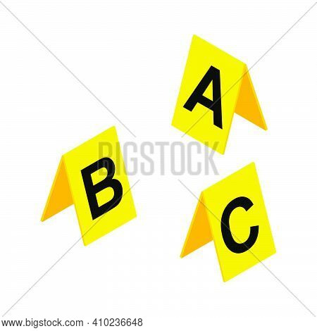 Crime Scene Markers Symbol. Plastic Yellow  Investigation Label Design Set With Letter A, B, C. Crim
