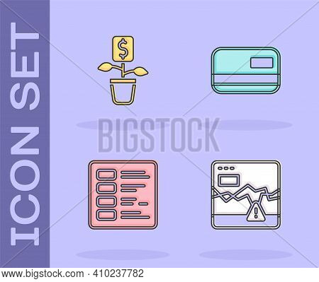 Set Failure Stocks Market, Dollar Plant, Business Finance Report And Credit Card Icon. Vector
