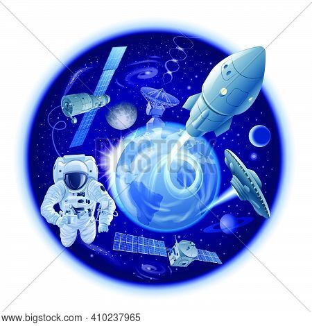 Concept Illustration Of The Exploration Of The Galaxy And Space, Astronaut And Space Ships In Outer 