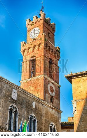 Clocktower Of The Town Hall Of Pienza, Tuscany, Italy. It Is Located In Piazza Pio Ii, The Pope Whos