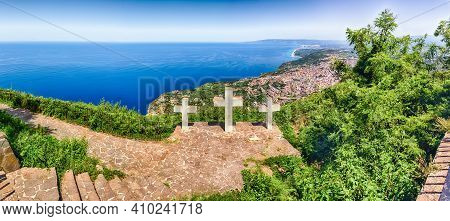 The Iconic Three Crosses On The Top Of Mount Sant'elia Overlooking The Town Of Palmi On The Tyrrheni