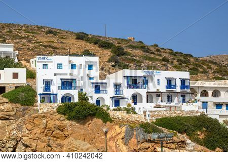 Sikinos, Greece - September 26, 2020: Hillside Greek Holiday Villas On Sikino Island. Cyclades, Gree