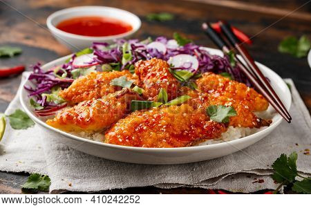 Korean Fried Chicken With Red Cabbage Salad And White Rice. Asian Food