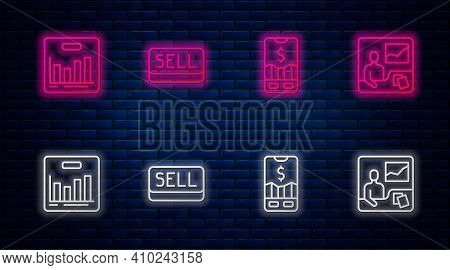 Set Line Sell Button, Mobile Stock Trading, Pie Chart Infographic And Trading Courses. Glowing Neon 