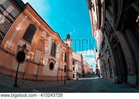 Pilsen (plzen), Czech Republic - May 27, 2018: View Of B. Smetany Street With St. Ann's Church