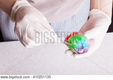 Close-up Female Hands In Latex Gloves Holding An Egg Wrapped In Napkin Against Background Of White T