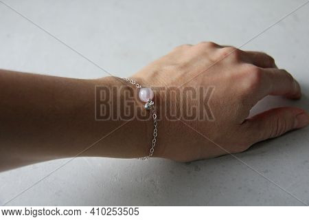 Rose Quartz Heart Bracelet. Bracelet Made Of Stones On Hand From Natural Stone Rose Quartz. Bracelet