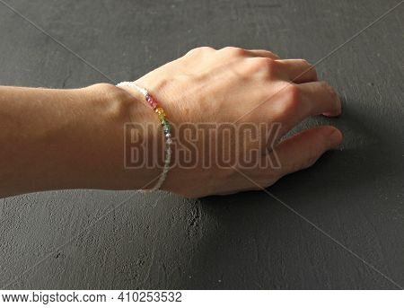 Colorful Bright Bracelet Lgbt. Bracelet Made Of Stones On Hand From Natural Stone Colorful Bright. B