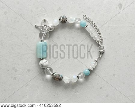 Beautiful Asymmetrical Designer Bracelet Made Of Natural Stones And Silver. Aquamarine, Rock Crystal
