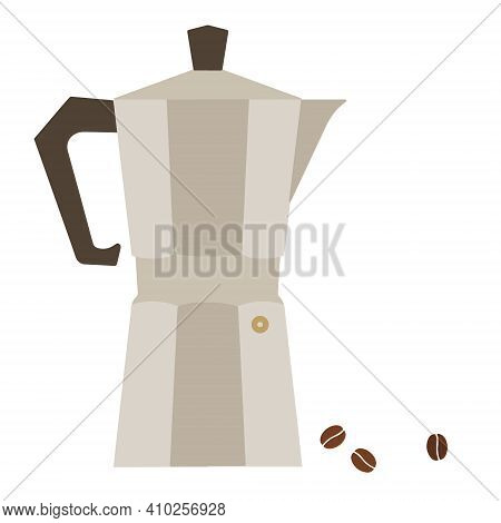 Geyser Coffee Maker And Coffee Beans On A White Background. Vector