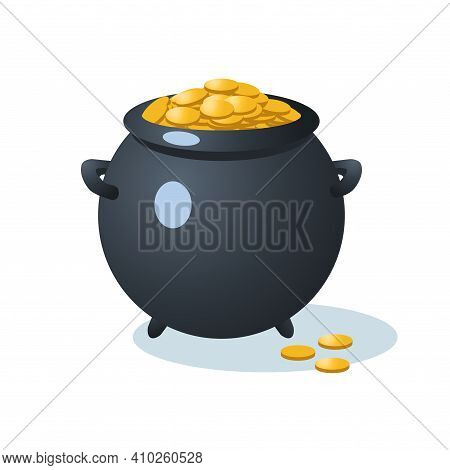 Pot Of Gold Coins Isolated On White Background. St.patrick 's Day. Vector Illustration.