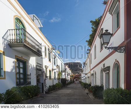 Puerto De Mogan, Gran Canaria, Canary Islands, Spain December 18, 2020: Traditional Colorful Houses 