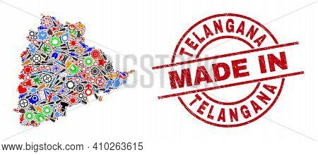 Education Mosaic Telangana State Map And Made In Scratched Rubber Stamp. Telangana State Map Mosaic 