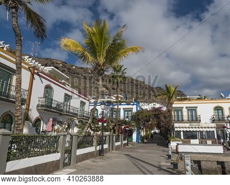 Puerto De Mogan, Gran Canaria, Canary Islands, Spain December 18, 2020: Traditional Colorful Houses 