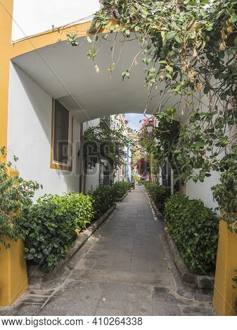 Puerto De Mogan, Gran Canaria, Canary Islands, Spain December 18, 2020: Traditional Colorful Houses 