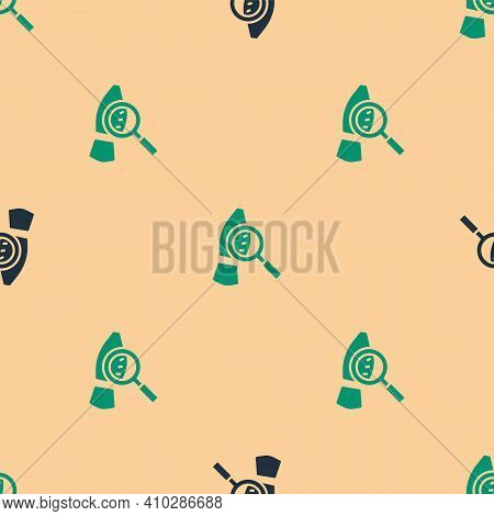 Green And Black Magnifying Glass With Footsteps Icon Isolated Seamless Pattern On Beige Background. 