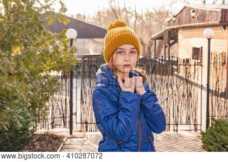 Girl In A Blue Jacket Winter. Girl In A Blue Jacket For A Walk.