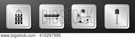 Set Detonate Dynamite Bomb Stick, Kayak Or Canoe And Paddle, Desert Landscape With Cactus And Shovel