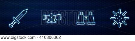 Set Line Binoculars, Sword, Sniper Optical Sight And Naval Mine. Glowing Neon Icon On Brick Wall. Ve